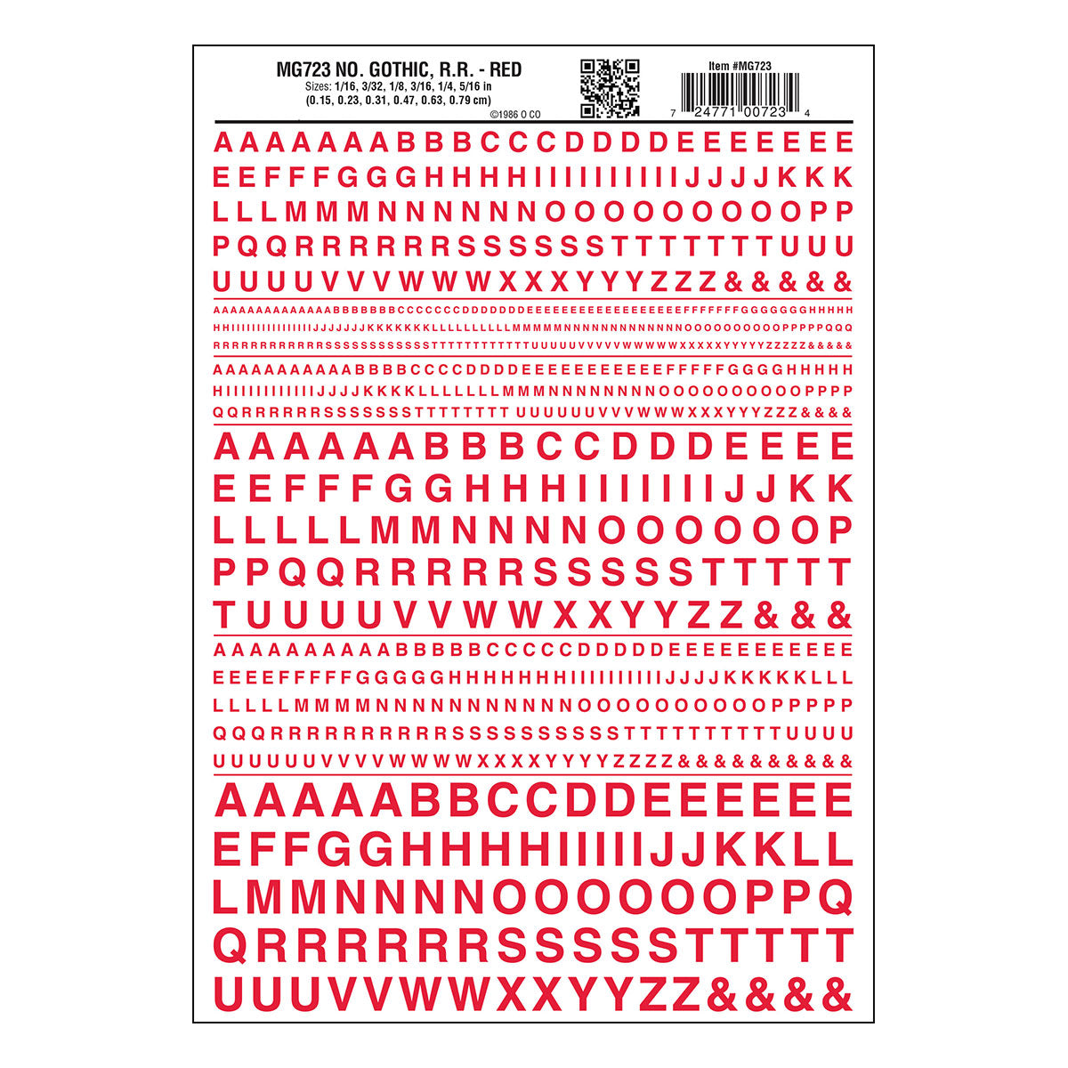 Woodland Scenics MG723 Gothic Railroad Red dry transfer lettering sheet.