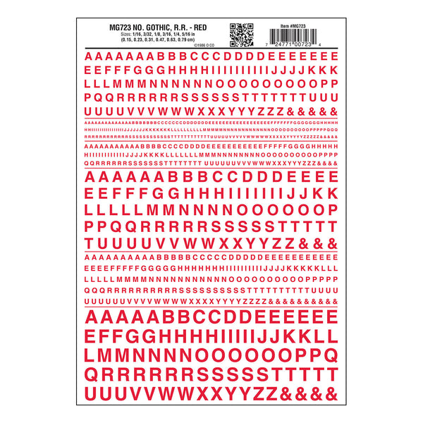Woodland Scenics MG723 Gothic Railroad Red dry transfer lettering sheet.