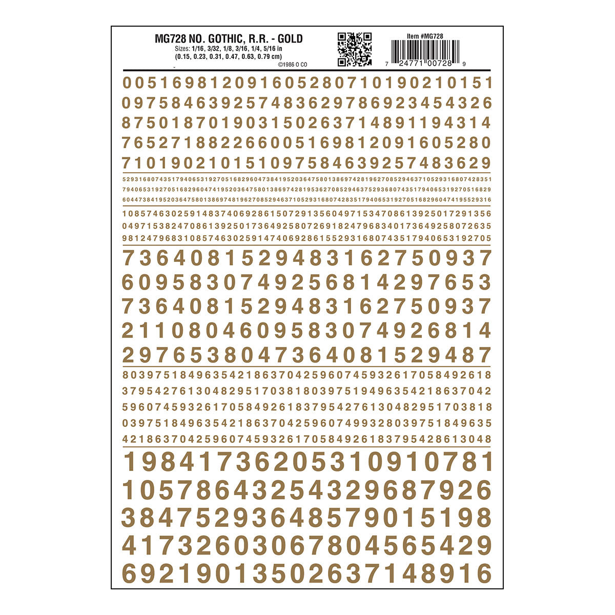 Woodland Scenics MG728 Gothic Railroad Gold numbers dry transfer sheet.