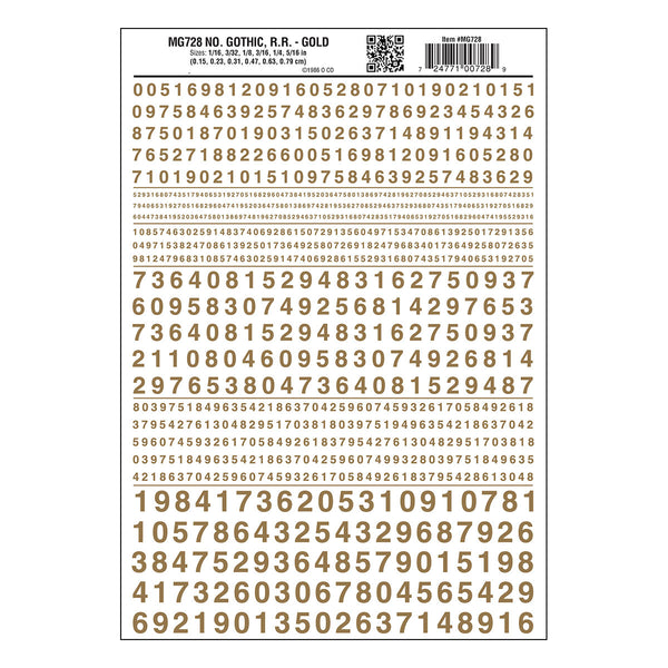 Woodland Scenics MG728 Gothic Railroad Gold numbers dry transfer sheet.