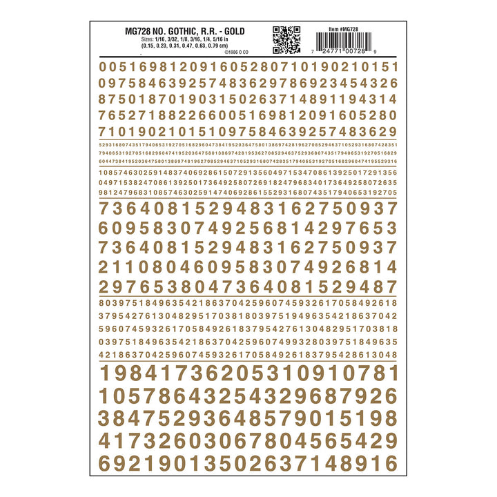 Woodland Scenics MG728 Gothic Railroad Gold numbers dry transfer sheet.