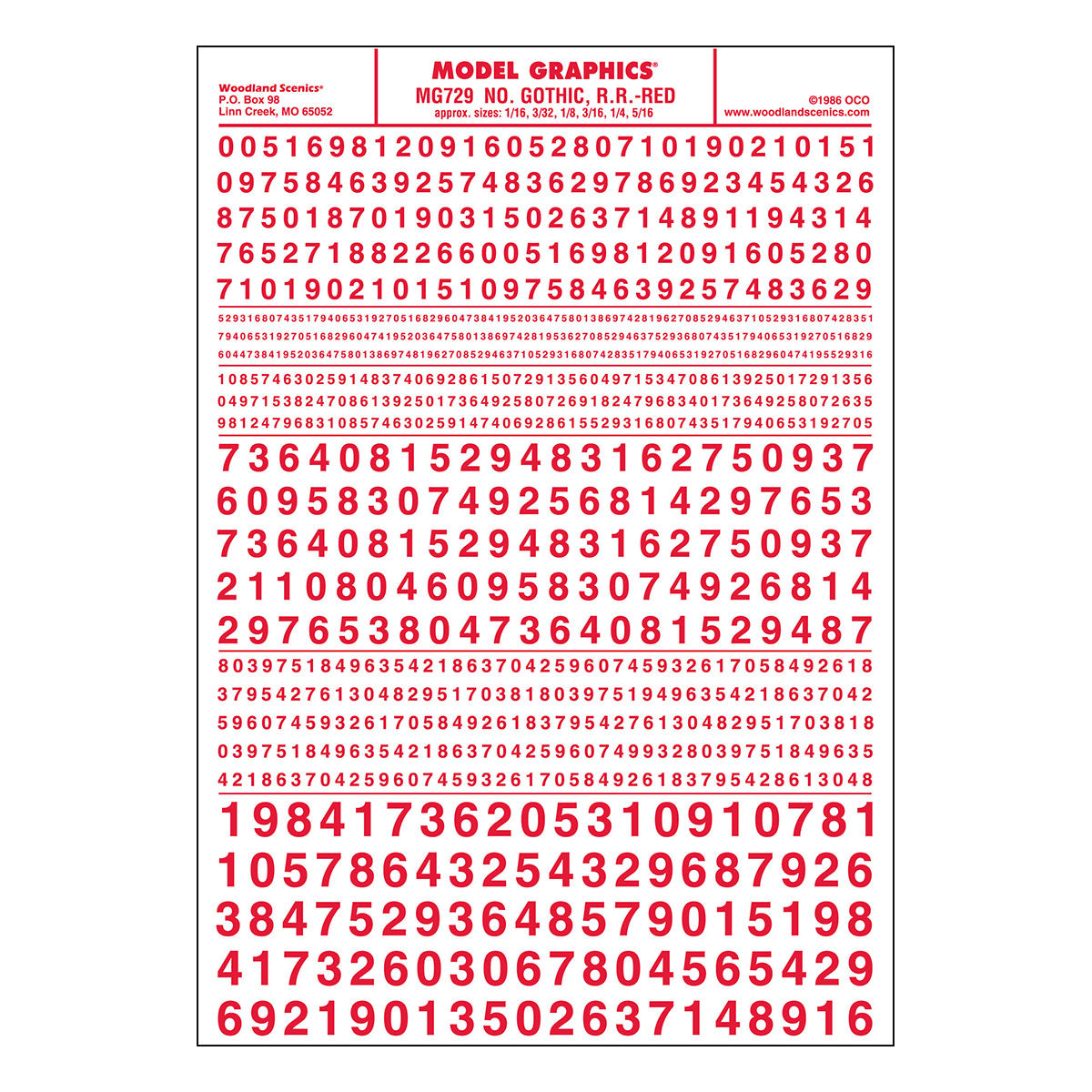 Woodland Scenics MG729 Gothic Railroad Red numbers dry transfer sheet.