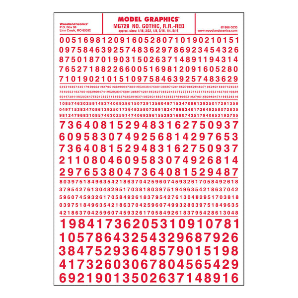 Woodland Scenics MG729 Gothic Railroad Red numbers dry transfer sheet.