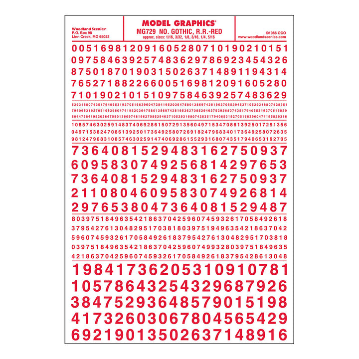 Woodland Scenics MG729 Gothic Railroad Red numbers dry transfer sheet.