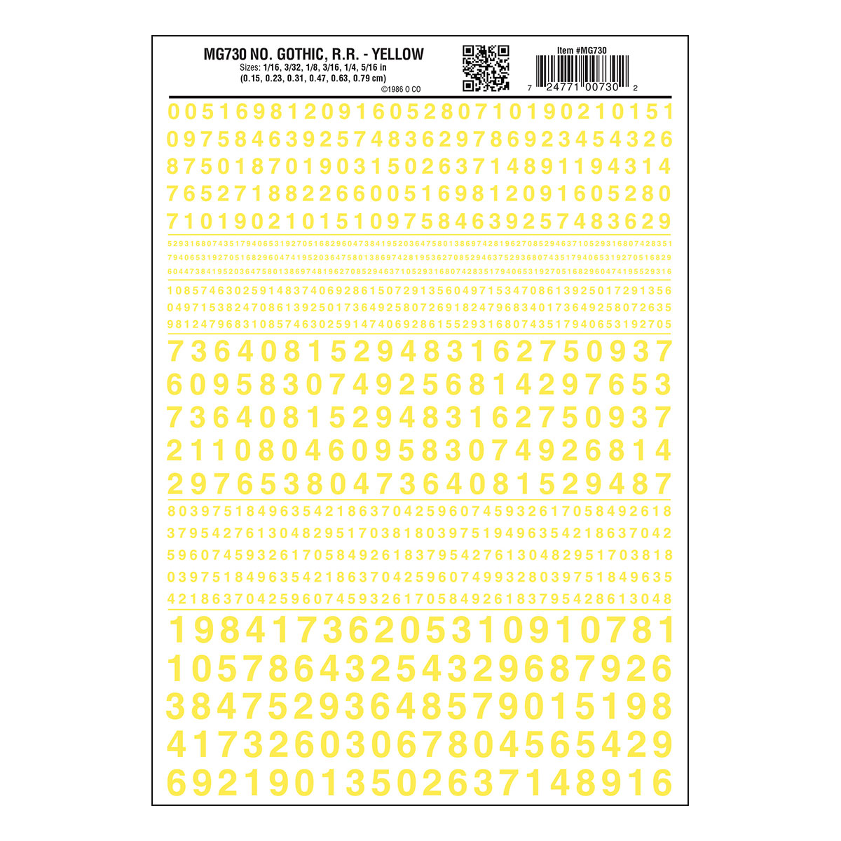 Woodland Scenics MG730 Gothic Railroad Yellow numbers dry transfer sheet.