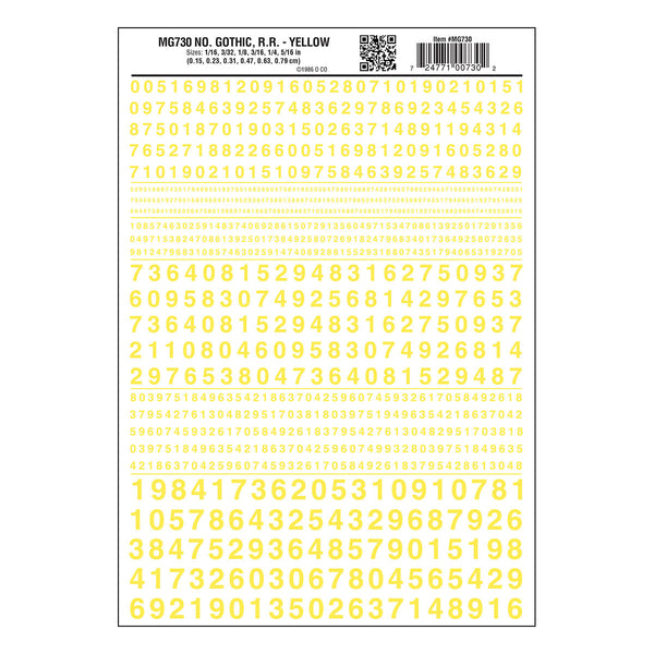 Woodland Scenics MG730 Gothic Railroad Yellow numbers dry transfer sheet.