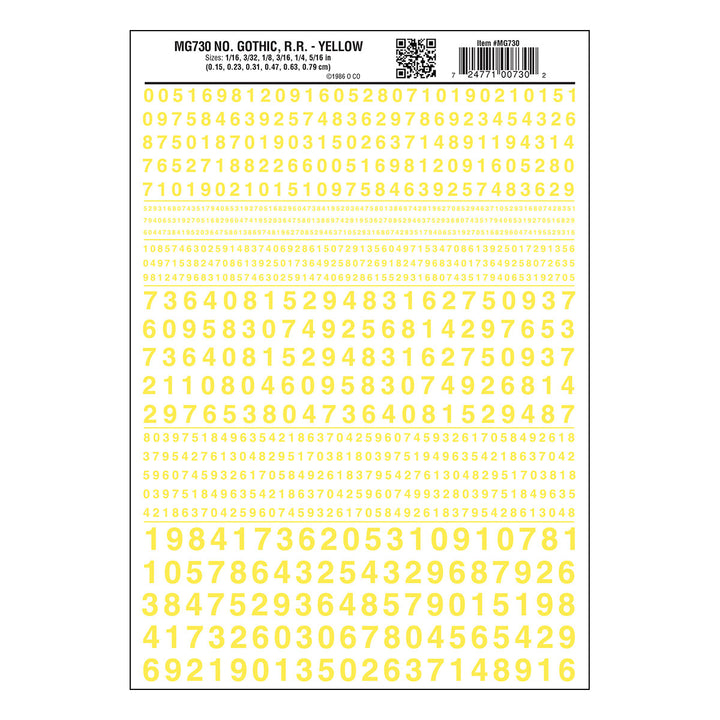 Woodland Scenics MG730 Gothic Railroad Yellow numbers dry transfer sheet.