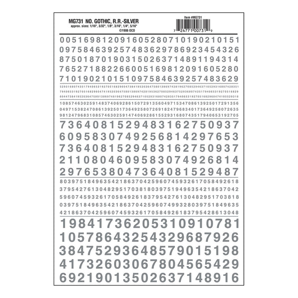 Woodland Scenics MG731 Gothic Railroad Silver numbers dry transfer sheet.