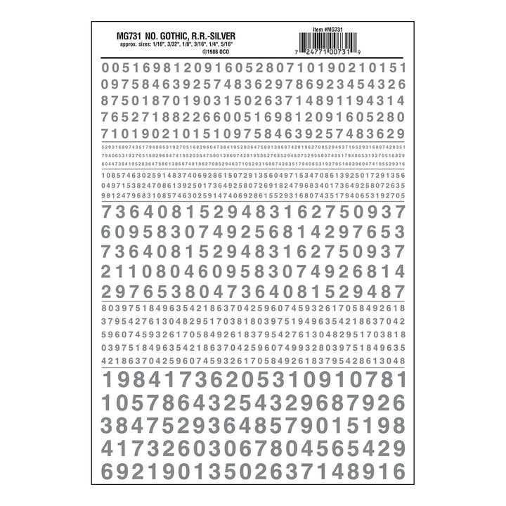 Woodland Scenics MG731 Gothic Railroad Silver numbers dry transfer sheet.