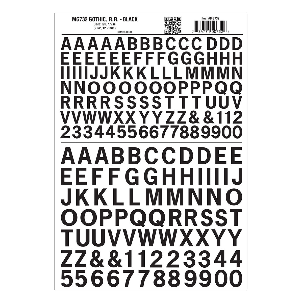 Woodland Scenics MG732 Gothic Railroad Black dry transfer lettering sheet.