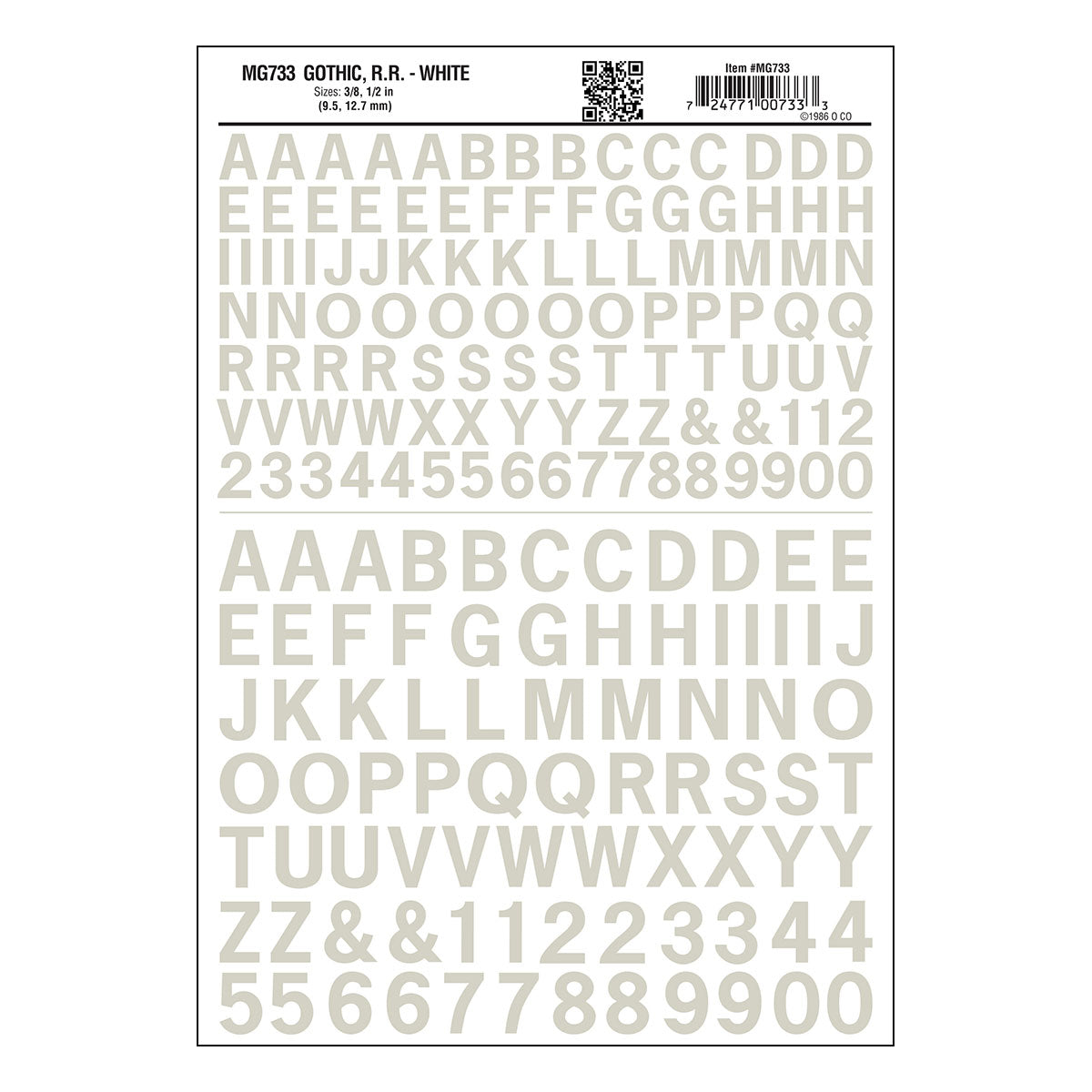 Woodland Scenics MG733 Gothic Railroad White dry transfer lettering sheet.