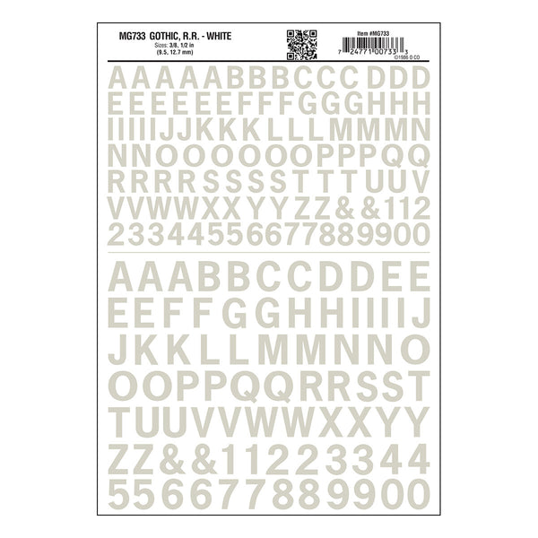 Woodland Scenics MG733 Gothic Railroad White dry transfer lettering sheet.