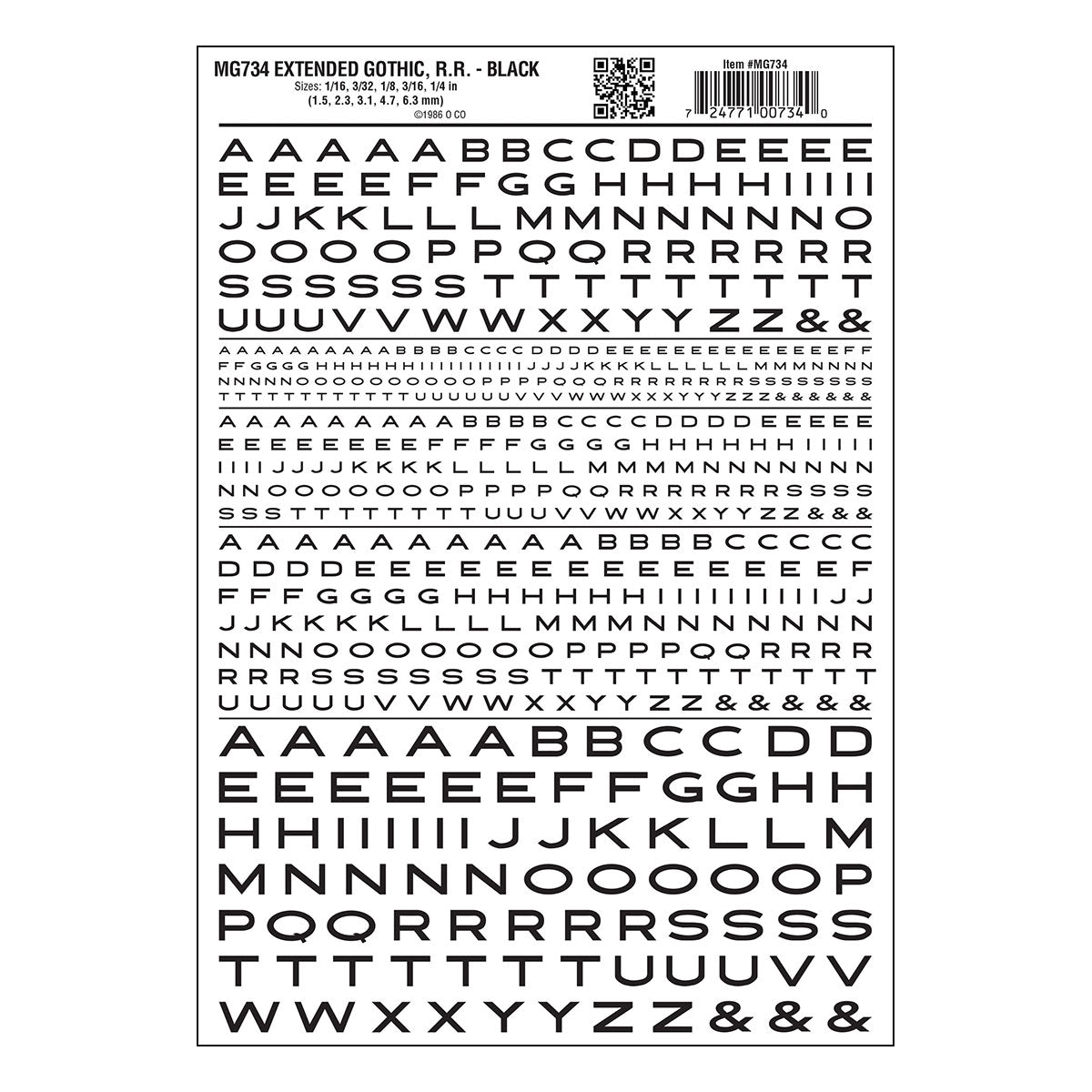 Woodland Scenics MG734 Extended Gothic Railroad Black dry transfer lettering sheet.