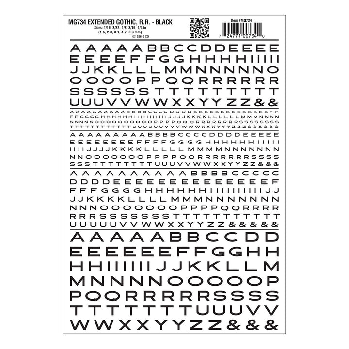 Woodland Scenics MG734 Extended Gothic Railroad Black dry transfer lettering sheet.