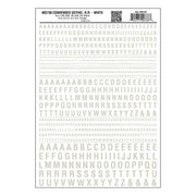 Woodland Scenics MG738 White Condensed Gothic Railroad lettering dry-transfer decal sheet, manufacturer sheet design.