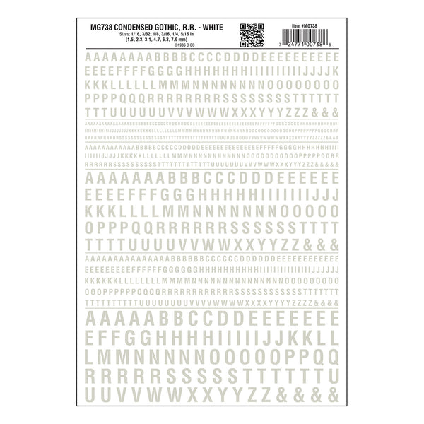 Woodland Scenics MG738 White Condensed Gothic Railroad lettering dry-transfer decal sheet, manufacturer sheet design.