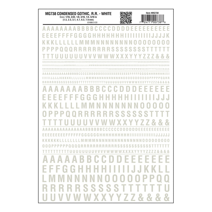 Woodland Scenics MG738 White Condensed Gothic Railroad lettering dry-transfer decal sheet, manufacturer sheet design.