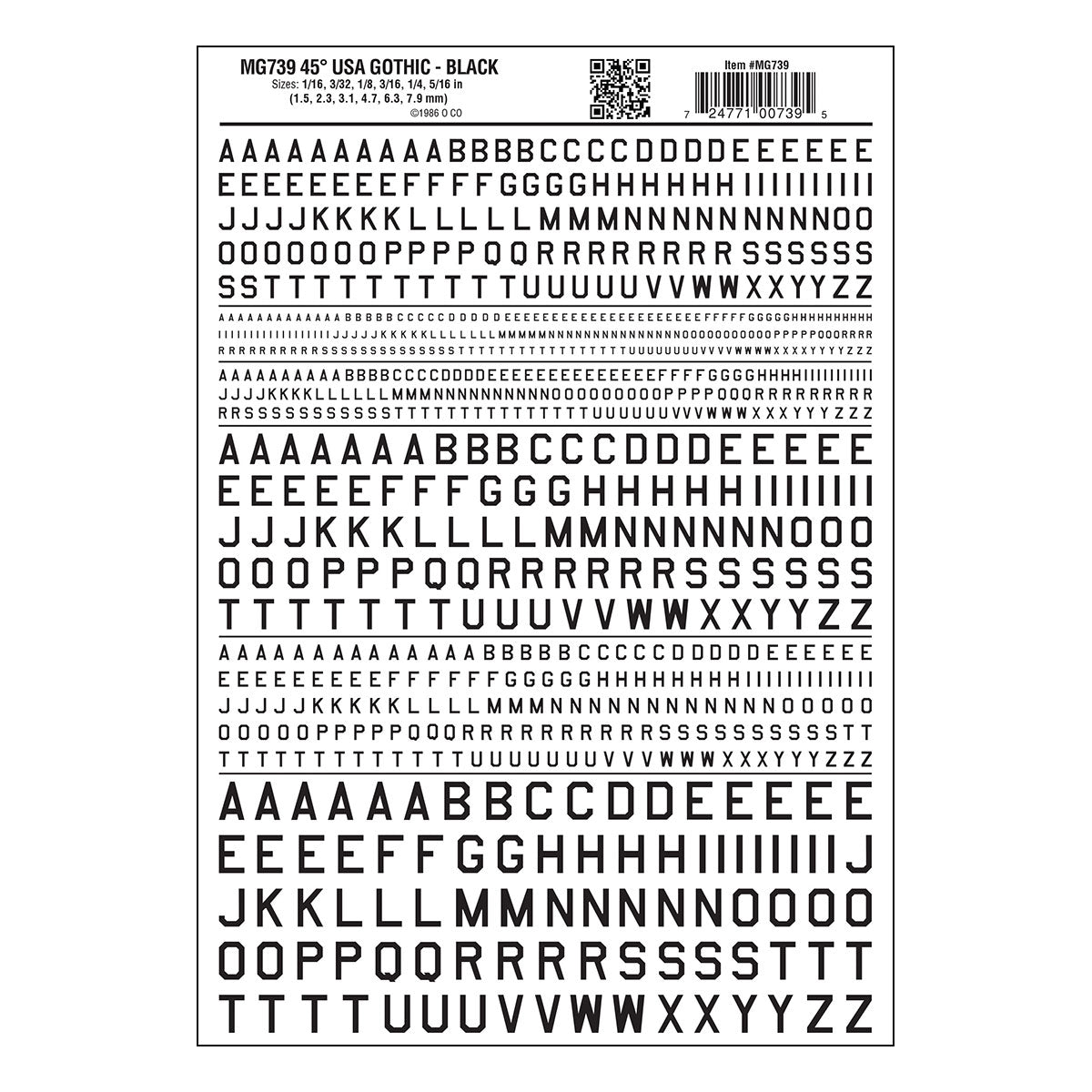 Woodland Scenics MG739 Black 45-degree USA Gothic lettering dry-transfer decal sheet, manufacturer sheet design.