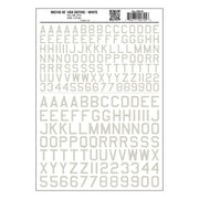 Woodland Scenics MG745 white usa gothic lettering dry-transfer decal sheet, manufacturer sheet design.