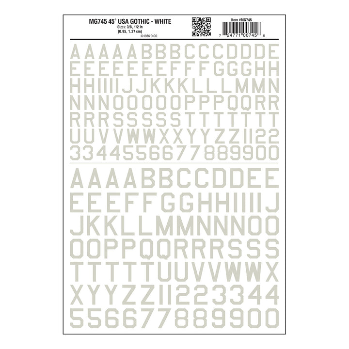 Woodland Scenics MG745 white usa gothic lettering dry-transfer decal sheet, manufacturer sheet design.