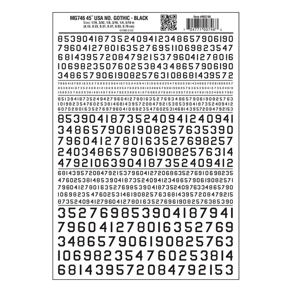 Woodland Scenics MG746 black usa gothic numbers dry-transfer decal sheet, manufacturer sheet design.
