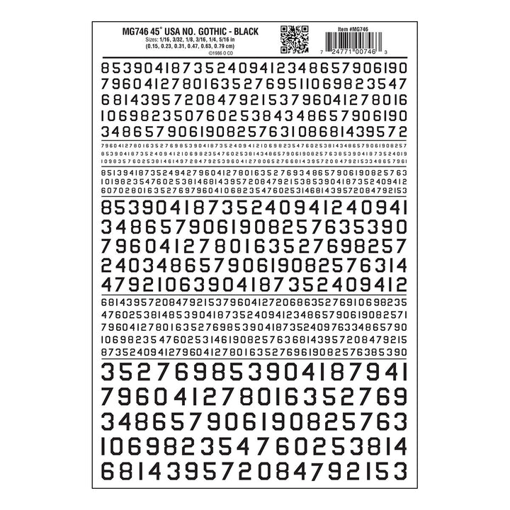 Woodland Scenics MG746 black usa gothic numbers dry-transfer decal sheet, manufacturer sheet design.