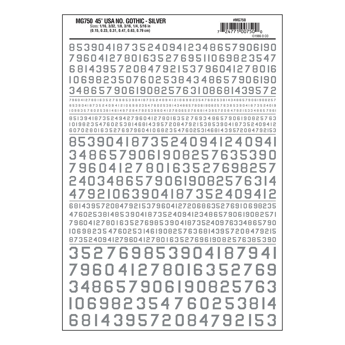 Woodland Scenics MG750 Silver 45-degree USA Gothic numbers dry-transfer decal sheet, manufacturer sheet design.