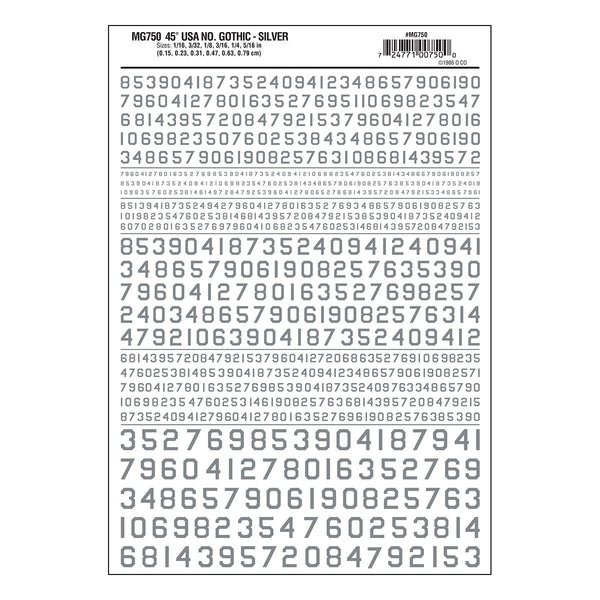 Woodland Scenics MG750 Silver 45-degree USA Gothic numbers dry-transfer decal sheet, manufacturer sheet design.