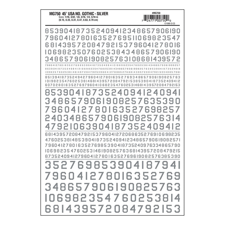 Woodland Scenics MG750 Silver 45-degree USA Gothic numbers dry-transfer decal sheet, manufacturer sheet design.