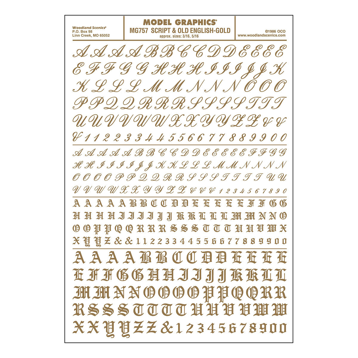 Woodland Scenics MG757 Gold Script and Old English dry-transfer decal sheet, manufacturer sheet design.