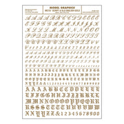Woodland Scenics MG757 Gold Script and Old English dry-transfer decal sheet, manufacturer sheet design.