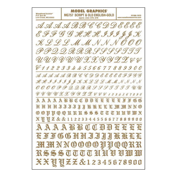 Woodland Scenics MG757 Gold Script and Old English dry-transfer decal sheet, manufacturer sheet design.