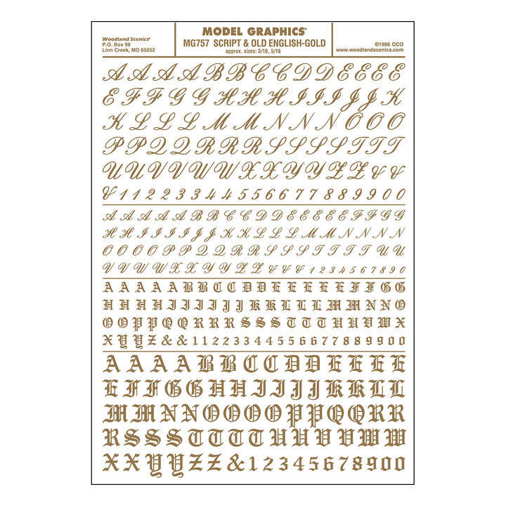 Woodland Scenics MG757 Gold Script and Old English dry-transfer decal sheet, manufacturer sheet design.
