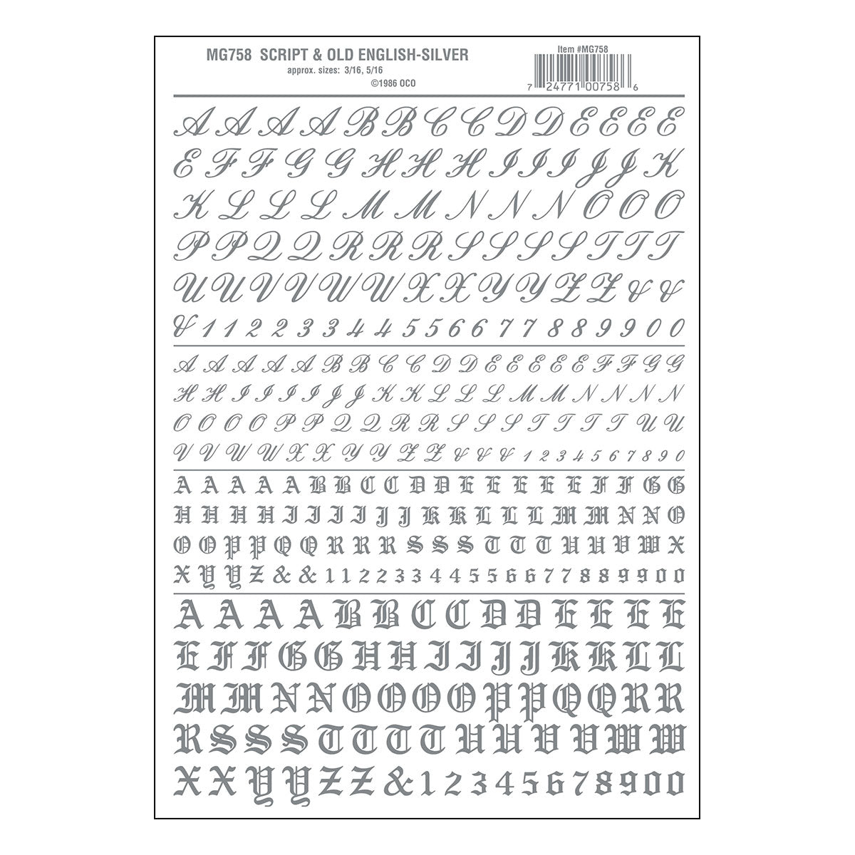 Woodland Scenics MG758 Silver Script and Old English dry-transfer decal sheet, manufacturer sheet design.