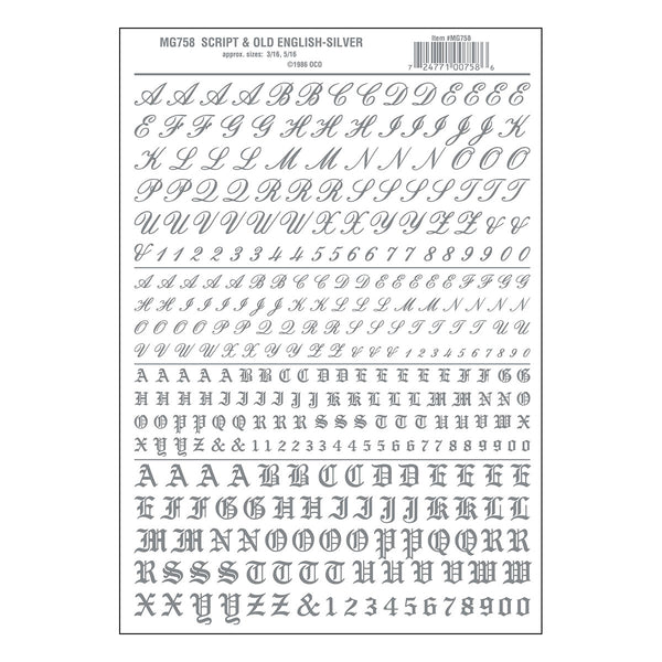 Woodland Scenics MG758 Silver Script and Old English dry-transfer decal sheet, manufacturer sheet design.