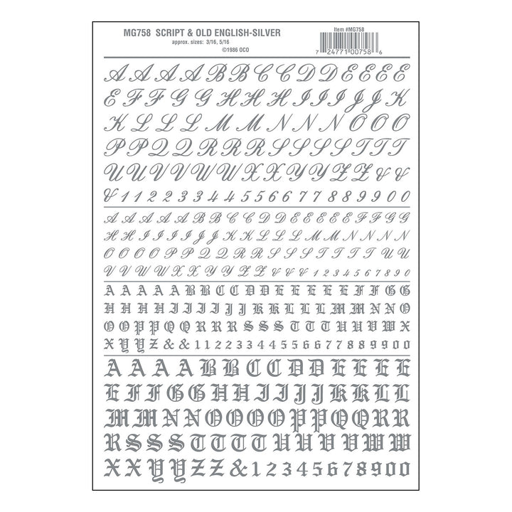 Woodland Scenics MG758 Silver Script and Old English dry-transfer decal sheet, manufacturer sheet design.