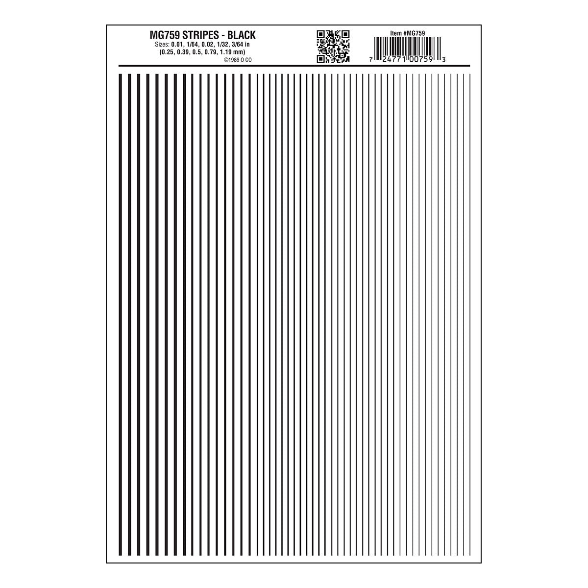 Woodland Scenics MG759 Black Stripes dry-transfer decal sheet, manufacturer sheet design.