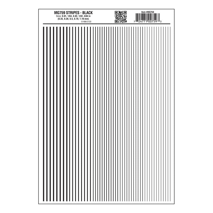 Woodland Scenics MG759 Black Stripes dry-transfer decal sheet, manufacturer sheet design.