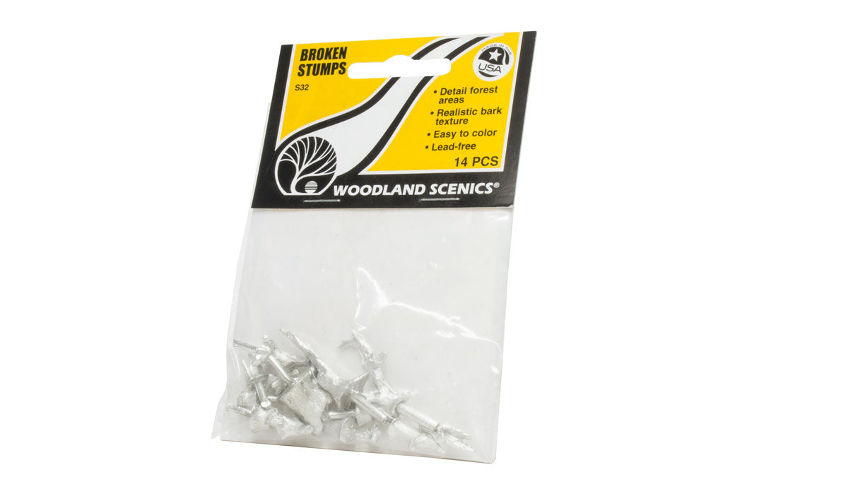 Woodland Scenics S32 Broken Stumps, 14-piece manufacturer package of unpainted stumps.