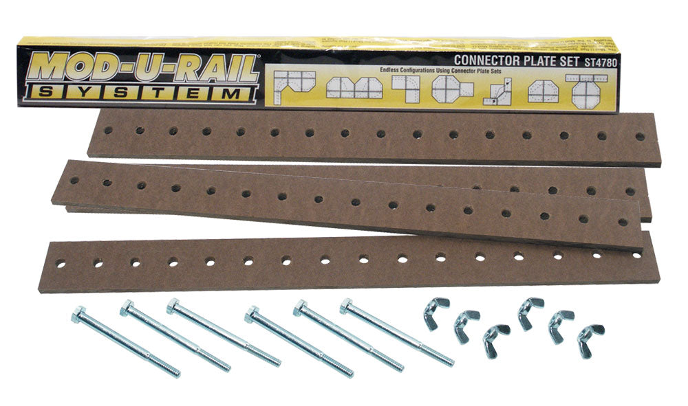 Woodland Scenics ST4780 Mod-U-Rail Connector Plate Set with four plates, six bolts and six wing nuts.