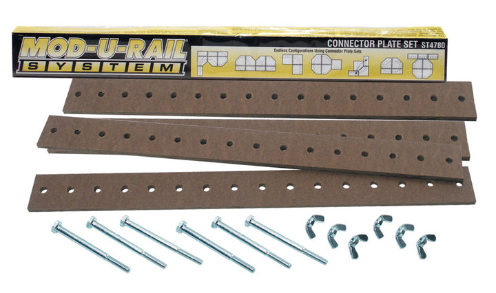 Woodland Scenics ST4780 Mod-U-Rail Connector Plate Set with four plates, six bolts and six wing nuts.