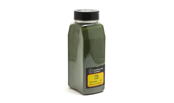 Woodland Scenics T1345 Green Grass Fine Turf — manufacturer shaker packaging.