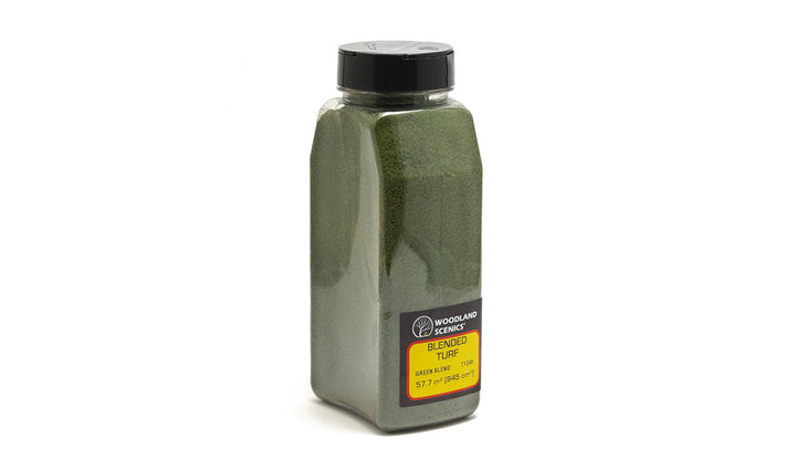 Woodland Scenics T1349 Green Blend Blended Turf — manufacturer shaker packaging.