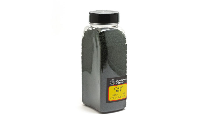 Woodland Scenics T1366 Conifer Coarse Turf — manufacturer shaker packaging.
