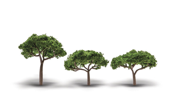 Woodland Scenics TR3555 Canopy Trees, three green broad-canopy model trees.