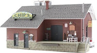 Woodland Scenics N Chip's Ice House industrial details and lighting, detail view