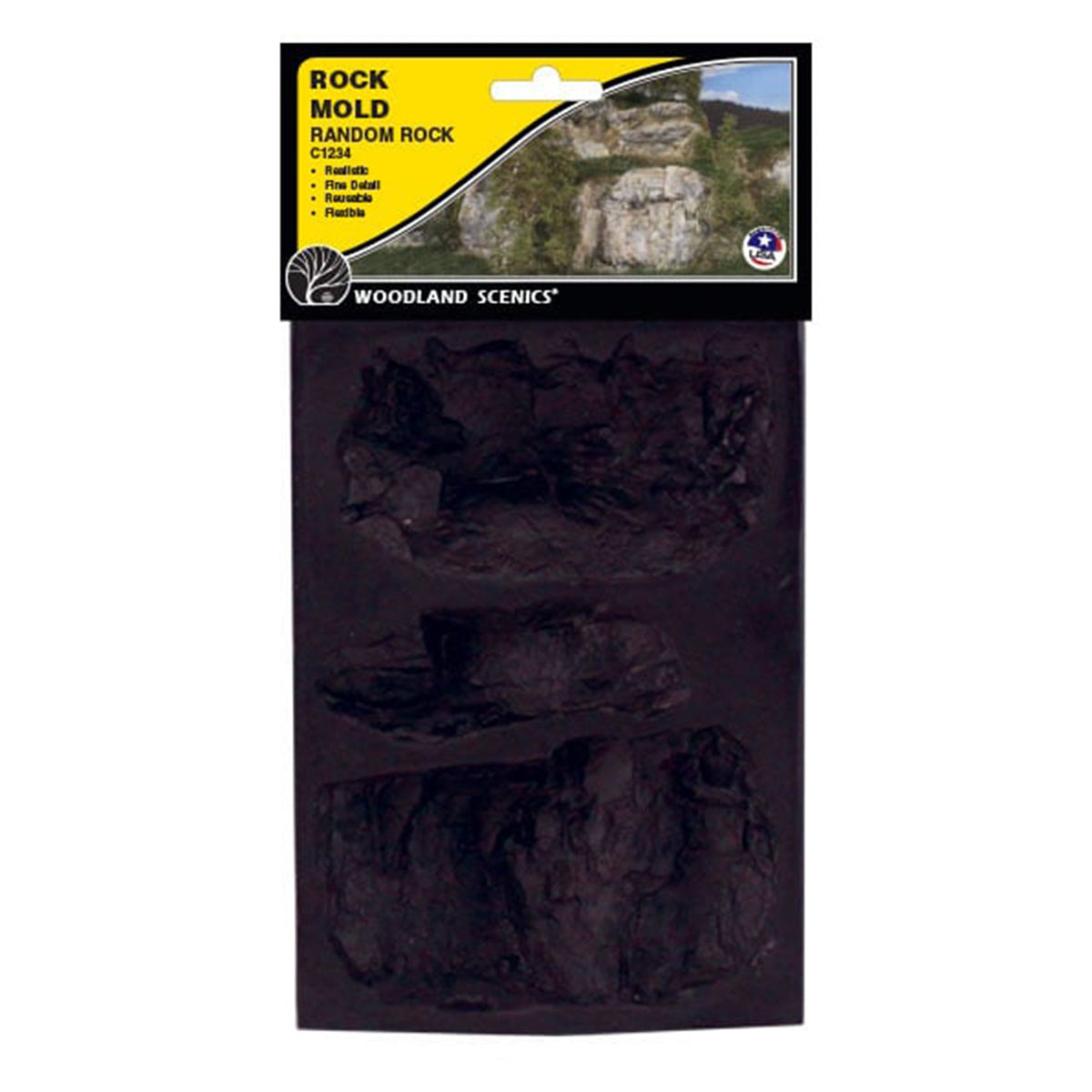Woodland Scenics C1234 Random Rock Mold with labeled retail header and three cavities