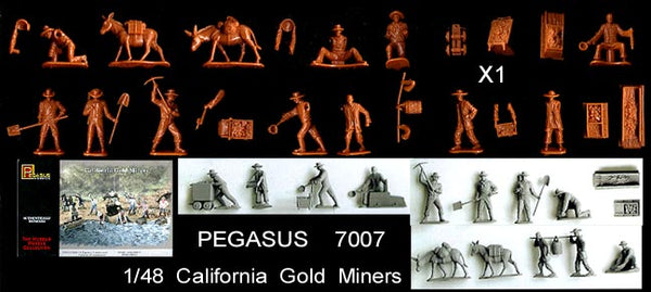 Pegasus 7007 California Gold Miners, photo montage of unpainted miners, mules and mining equipment