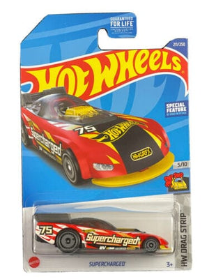 Collectable Carded Hot Wheels - Supercharged Dragster - Red, Yellow and Black Supercharged