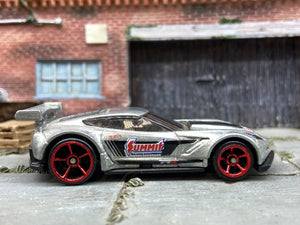 Copy of Loose Hot Wheels Chevy Corvette C7-R Race Car Dressed in Silver and Black Summit Racing